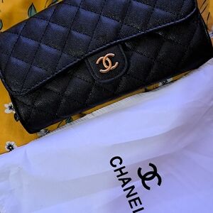 CHANEL Black Quilted Leather Shoulder Wallet with Gold CC